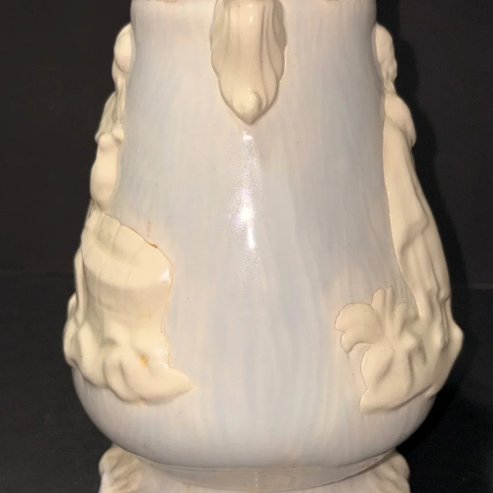 1987 Mary Ellen Ceramic Vase Woman at Well Relief Double Handle Cream 10